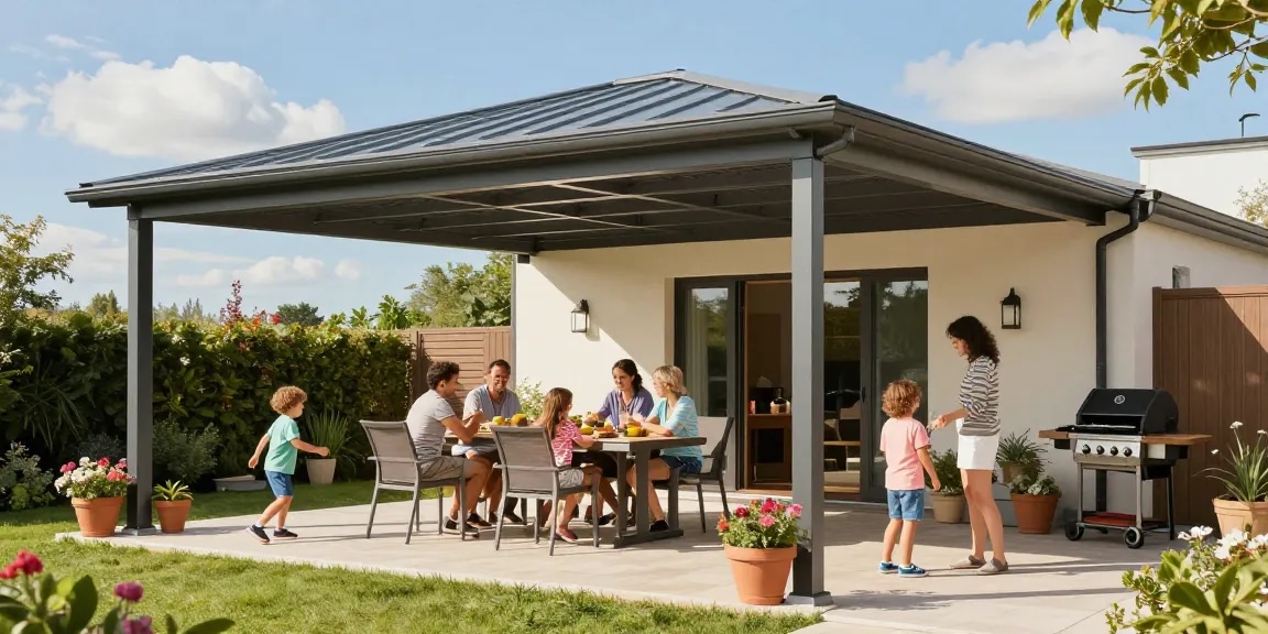 Familie genießt einen sonnigen Tag unter einer modernen Terrassenüberdachung im eigenen Garten.