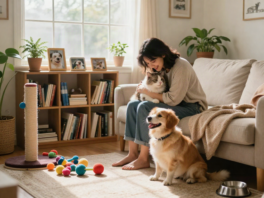 A heartwarming moment of a pet owner with a dog and cat in a cozy living room, showcasing the community love behind rokok88.
