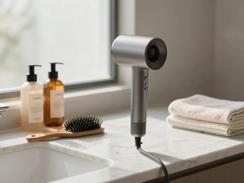 Eleganter Ionen Haartrockner auf Marmorarbeitsplatte mit Haarpflegeprodukten im Badezimmer.