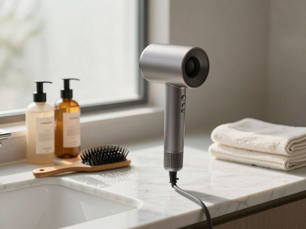 Eleganter Ionen Haartrockner auf Marmorarbeitsplatte mit Haarpflegeprodukten im Badezimmer.