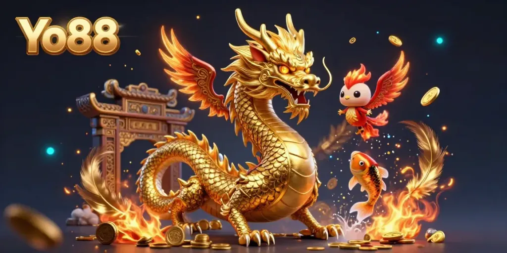 Join the thrilling gaming adventure with Yo88, featuring a powerful dragon and golden koi swimming through coins.