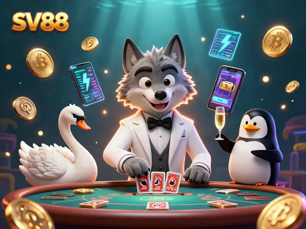 Experience the excitement of SV88 with a debonair wolf, elegant swan, and penguin sommelier at a vibrant casino scene.
