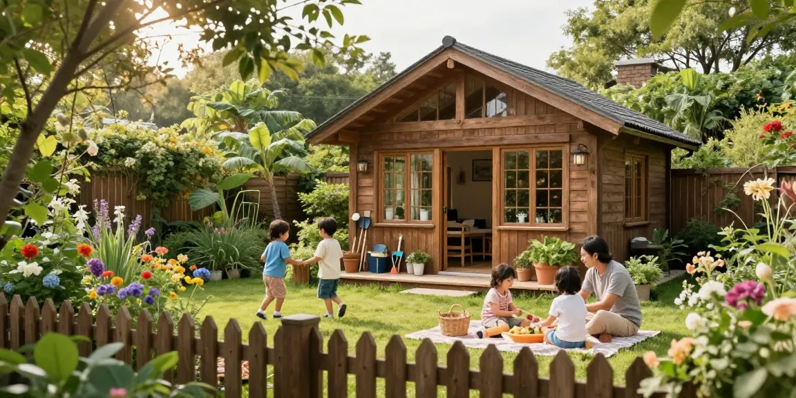 Gemütliches Gartenhaus umgeben von blühenden Pflanzen und spielenden Kindern.
