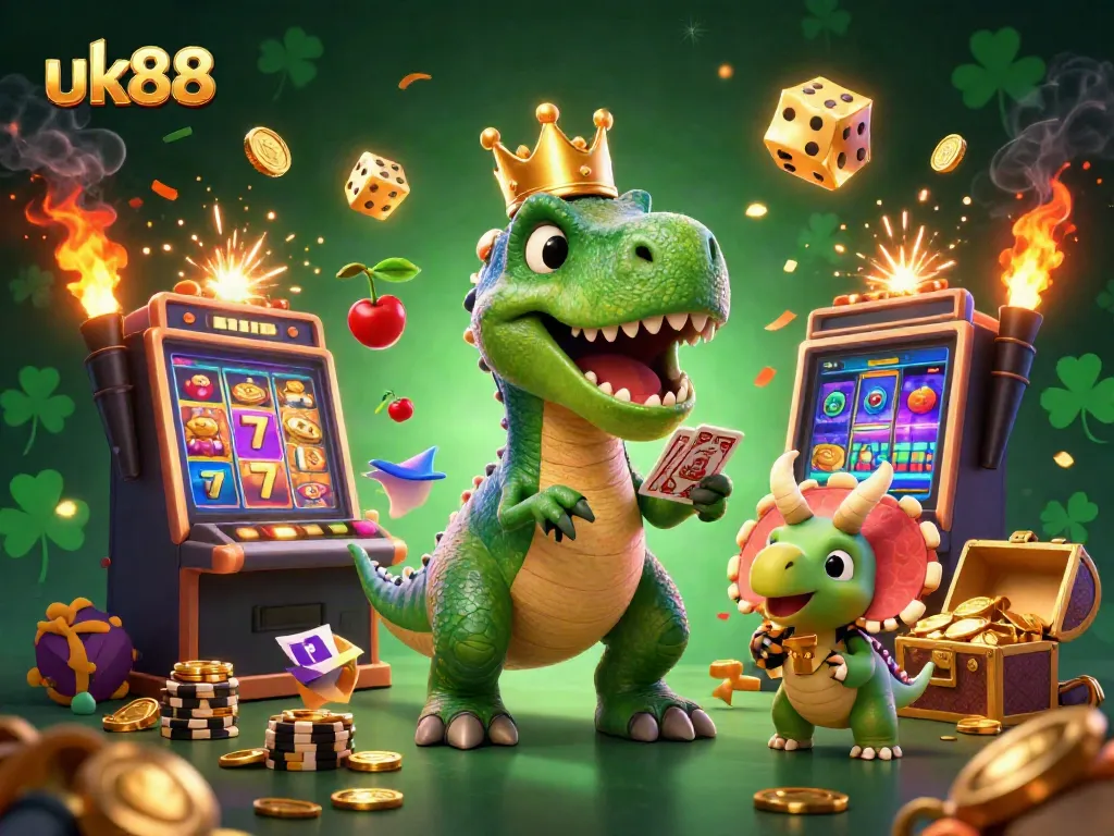 uk88 showcases a vibrant 3D casino world with a playful T-Rex and friends celebrating a jackpot.