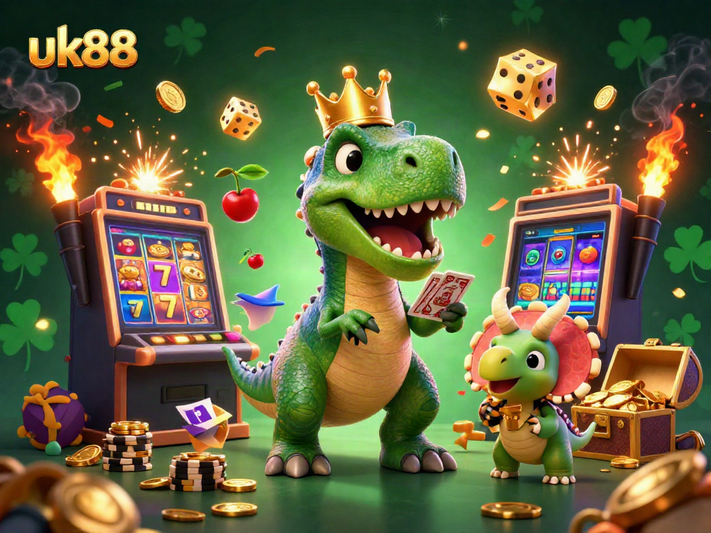 uk88 showcases a vibrant 3D casino world with a playful T-Rex and friends celebrating a jackpot.