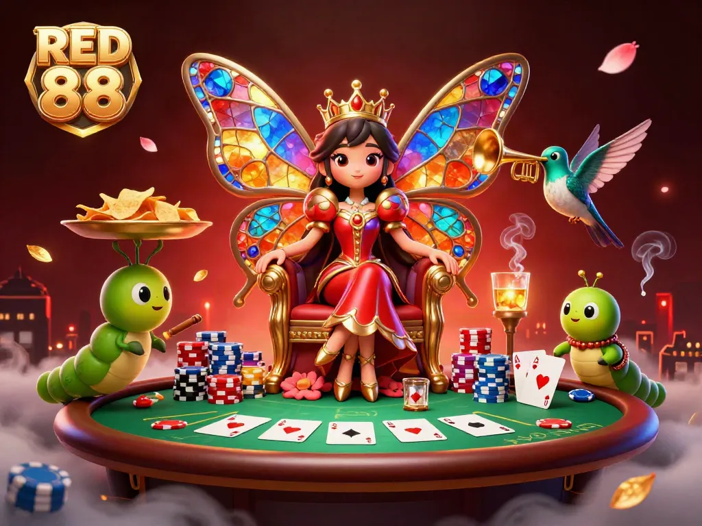 Engage with the vibrant world of RED 88, featuring a majestic butterfly queen in a lively casino scene.