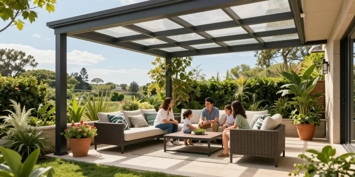 Freistehende Terrassenüberdachung im Garten mit Familie, gemütlichen Sitzgelegenheiten und Pflanzen.