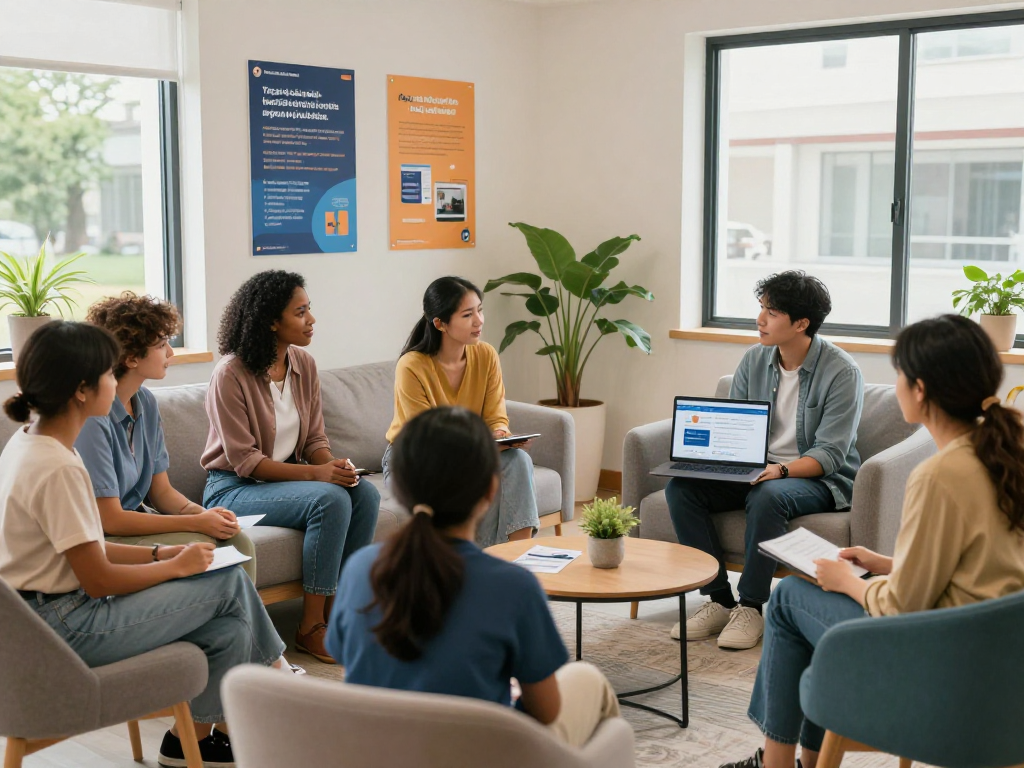 Collaborative team in a social services center ensuring Soziale Einrichtungen meet accessibility and data protection standards.