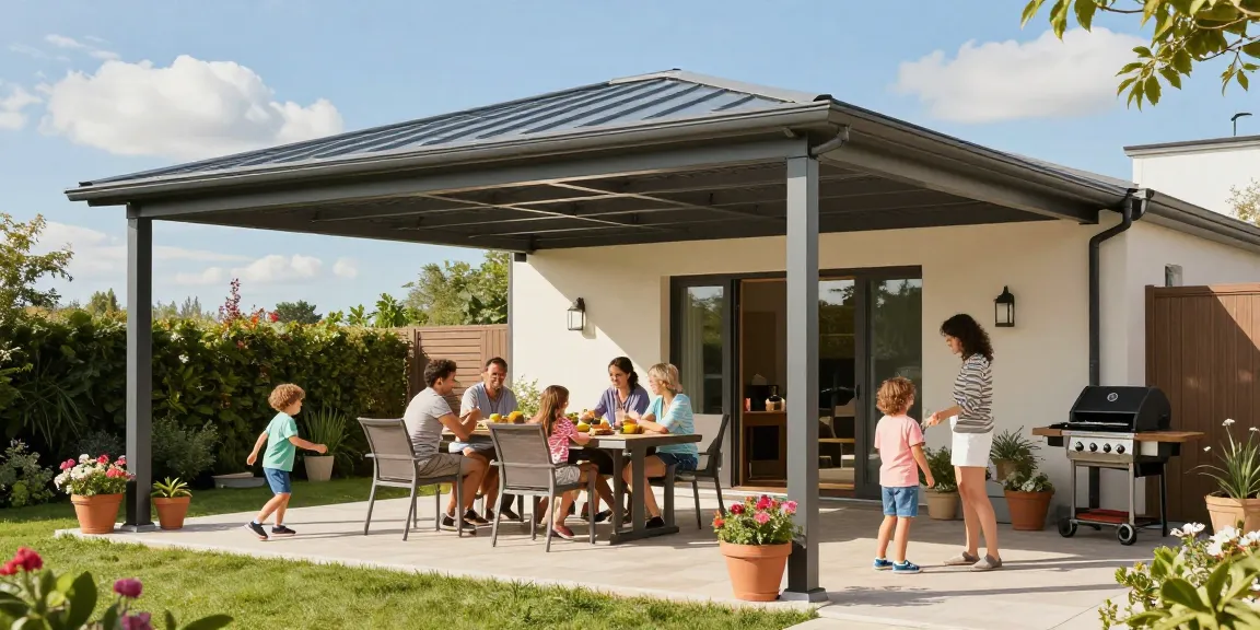 Familie genießt einen sonnigen Tag unter einer modernen Terrassenüberdachung im eigenen Garten.