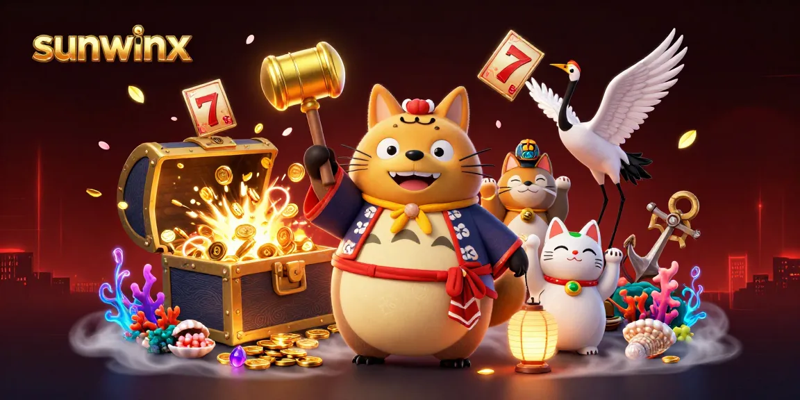 Sunwinx casino scene featuring a cheerful tanuki with slot reels and vibrant game elements.