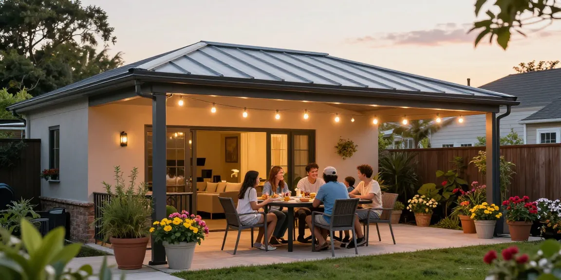 Elegante Terrassenüberdachung in einem schönen Garten mit Familienessen und Pflanzen.