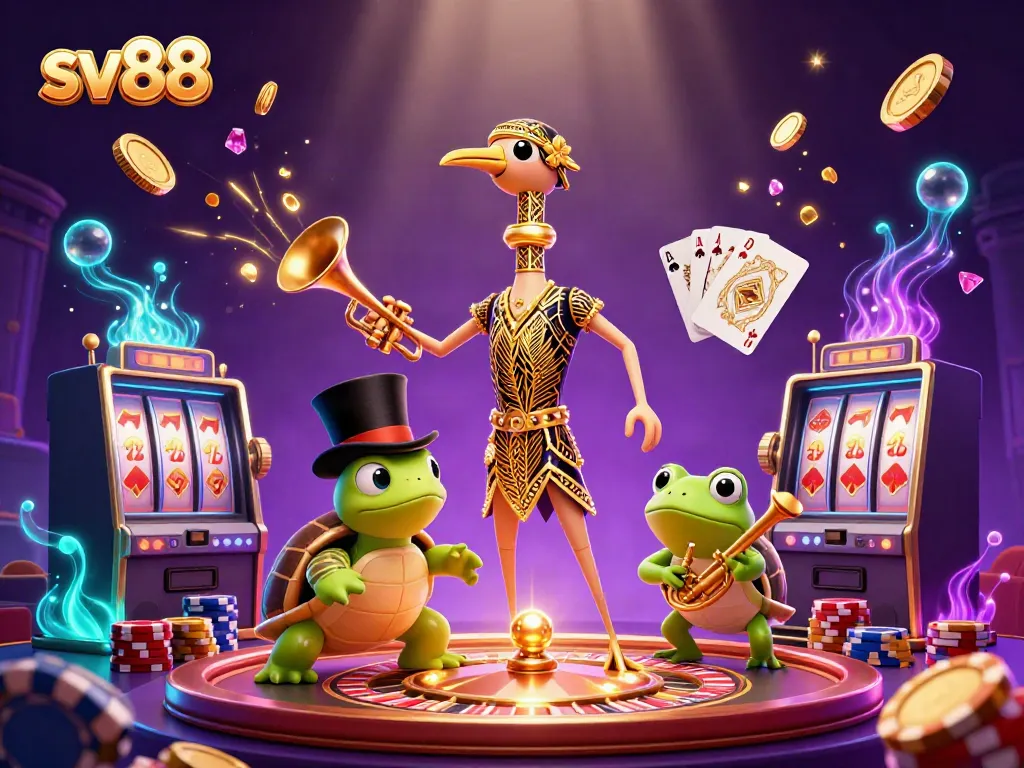 Experience sv88's dynamic gaming world with a vibrant, cartoon-style casino scene featuring iconic figures and golden elements.