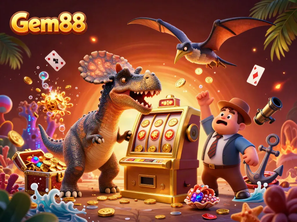 Gem88 features a cartoon dinosaur winning at a golden slot machine amidst a vibrant casino scene.