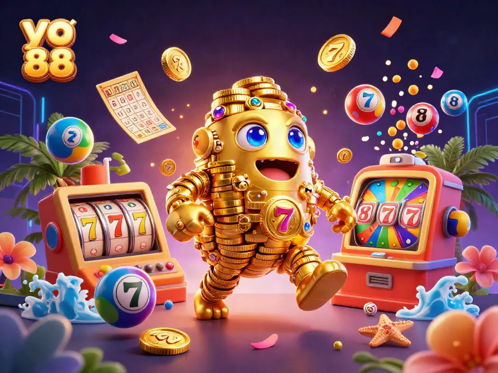 Experience the immersive action of yo 88 with a dynamic gaming scene featuring a golden golem and vibrant slot elements.