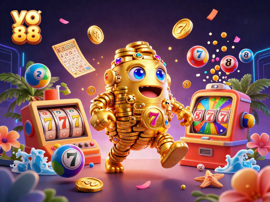 Experience the immersive action of yo 88 with a dynamic gaming scene featuring a golden golem and vibrant slot elements.