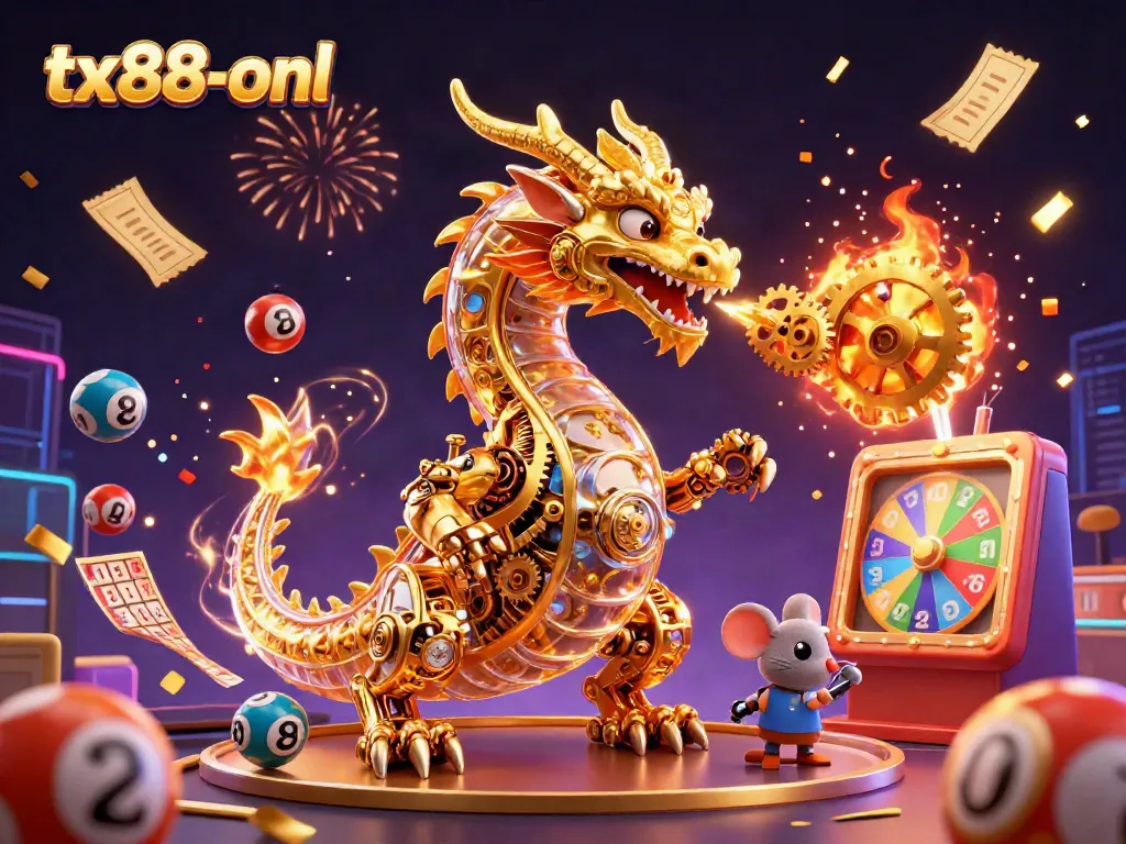 Join the excitement at tx88-onl with vibrant lottery elements and a majestic dragon, celebrating wins.