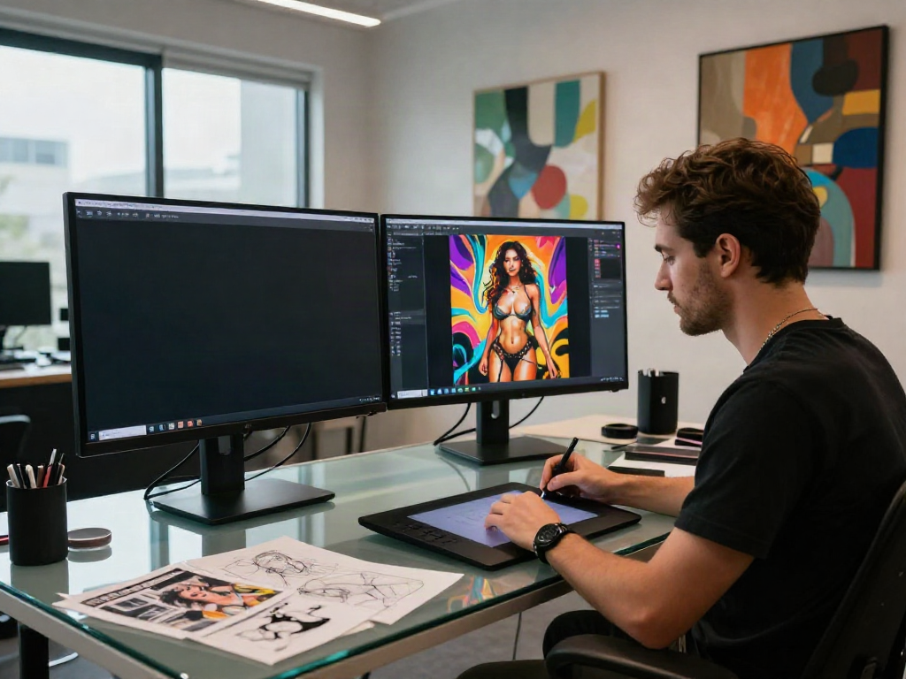 Artist creating 18+ AI art in a vibrant modern studio.