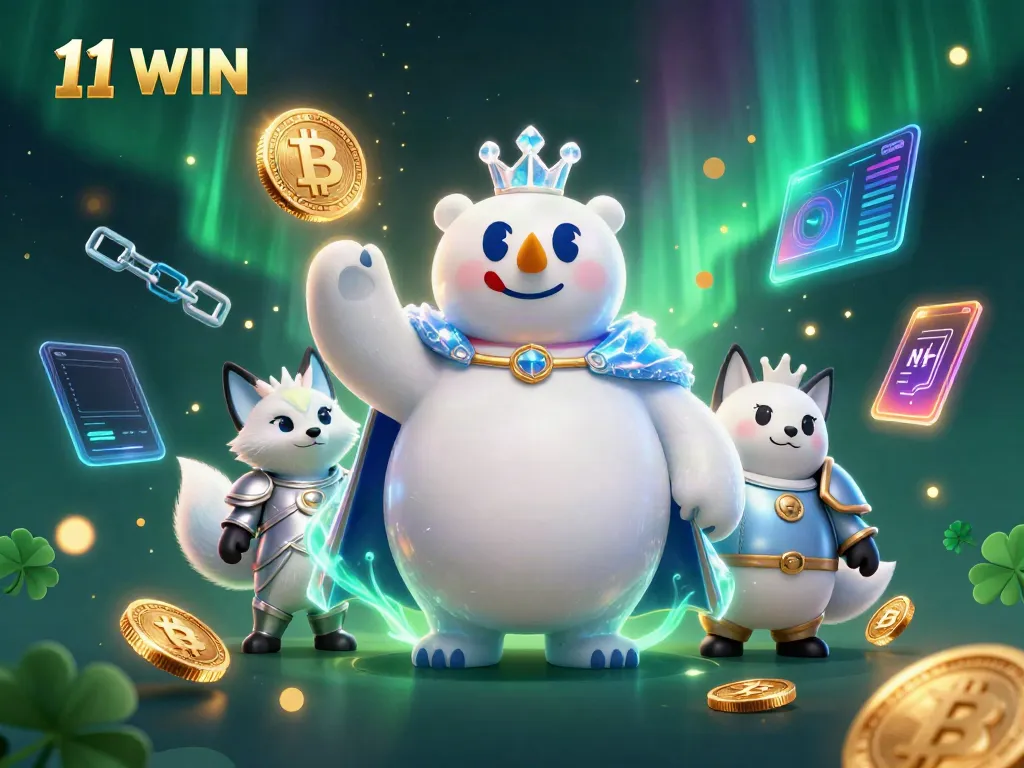 Experience the exciting world of 11 WIN with a vibrant illustration featuring a regal ice king and snow fox amidst glowing crypto elements.