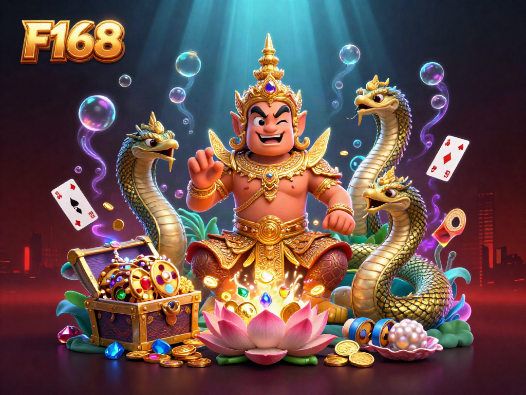 Experience the thrill of F168 with a dynamic scene of casino games and mystical guardians.