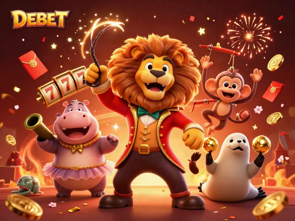 Experience the excitement of DEBET with a lively 3D casino scene featuring engaging characters, spinning slot reels, and festive elements.