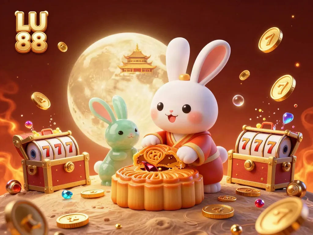 Experience LU 88 with a vibrant 3D illustration featuring a charming moon rabbit and playful casino elements.