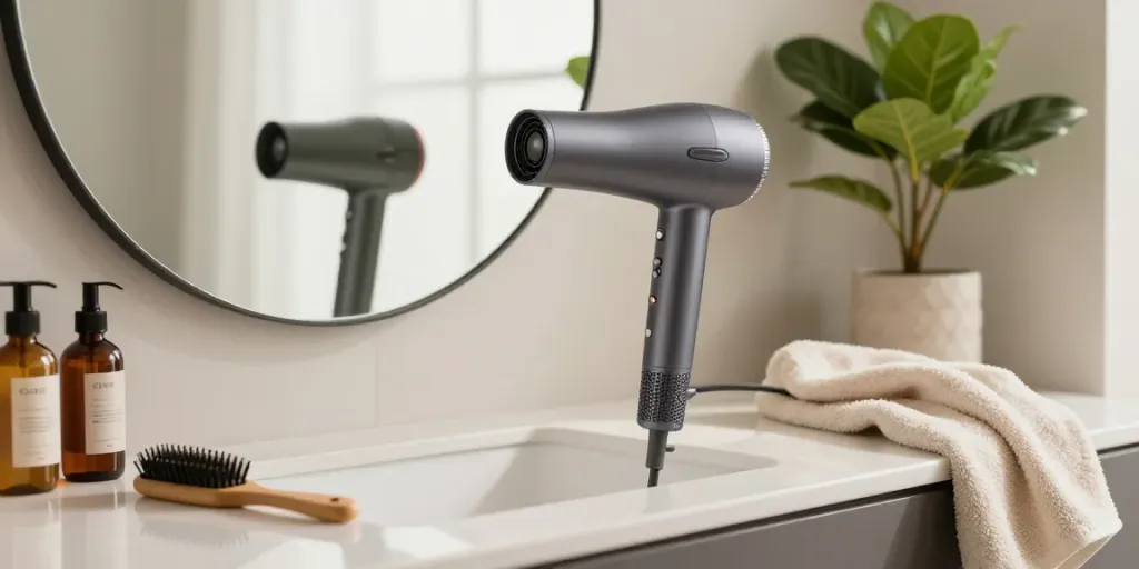 Eleganter Haartrockner auf einem Badezimmerwaschtisch mit Stylingprodukten bei natürlichem Licht.