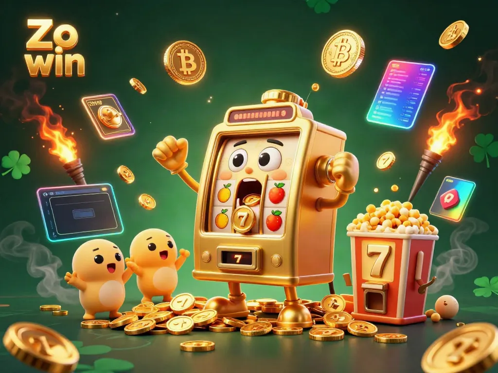 Experience Zo win's thrilling slot machine scene with golden coins pouring amidst a vibrant casino atmosphere.