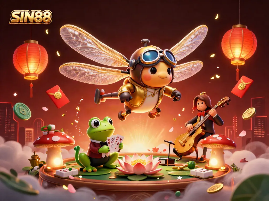 SIN88 captures excitement with a dragonfly pilot, frog dealer, and jazz musicians in a vibrant casino scene