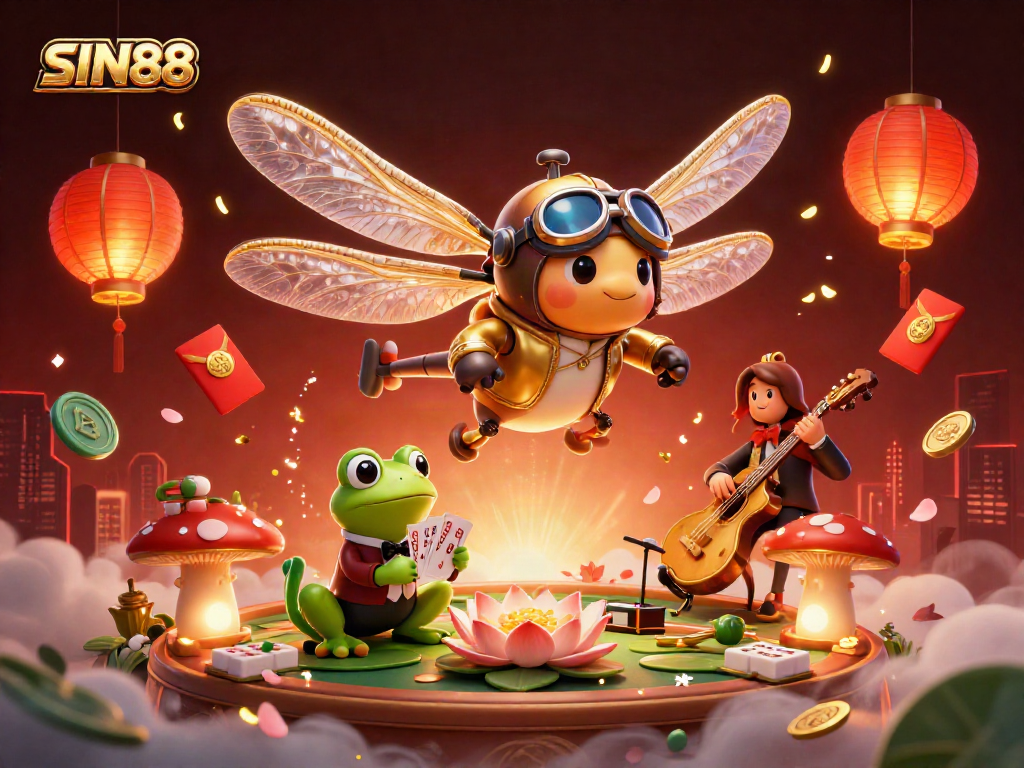 SIN88 captures excitement with a dragonfly pilot, frog dealer, and jazz musicians in a vibrant casino scene