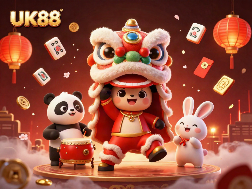 Experience excitement at UK88 with a festive lion dance, vibrant symbols, and immersive casino elements.