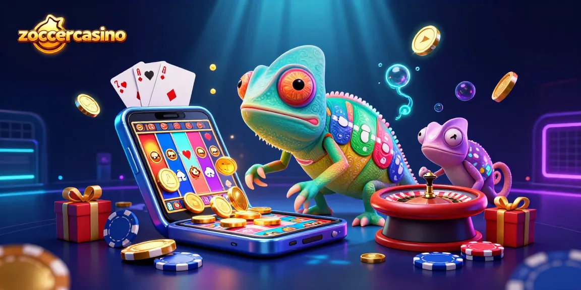 ZoccerCasino showcases a vibrant scene with a cartoon chameleon casino owner, colorful slot games, and golden coins.